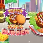 En tecknad superburger med sallad, tomat, lök och såser på ett bord, omgiven av ketchupflaskor och en stadssilhuett i bakgrunden