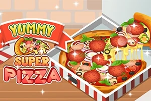 Tecknad bild av en pizza med pepperoni, ost och grönsaker i en öppen pizzakartong, bredvid en färgglad skylt med texten Yummy Super Pizza