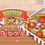 Tecknad bild av en pizza med pepperoni, ost och grönsaker i en öppen pizzakartong, bredvid en färgglad skylt med texten Yummy Super Pizza