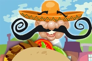 Tecknad bild av en man med stor mustasch och sombrero bakom en taco i förgrunden