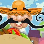 Tecknad bild av en man med stor mustasch och sombrero bakom en taco i förgrunden