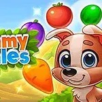 Tecknad hund med stora ögon framför färgglada frukter och grönsaker med texten Yummy Tales i bakgrunden