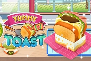 Illustration av en färgglad toast med sallad, ost, sås och en etikett med texten Yummy Toast i bakgrunden