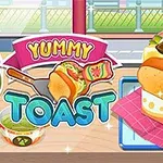 Illustration av en färgglad toast med sallad, ost, sås och en etikett med texten Yummy Toast i bakgrunden