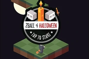 Ett spelstartskärm med Halloween-tema med en kyrkogård, pumpor, och en skylt med texten Zball 4 Halloween