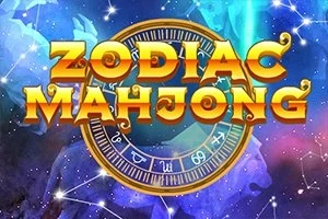 Texten Zodiac Mahjong i guldfärg framför en stjärnfylld bakgrund med ett astrologiskt hjul
