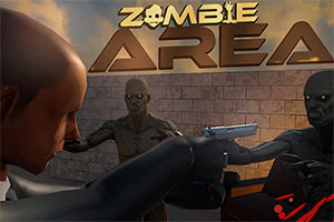 En person med pistol i närstrid med två zombies mot en bakgrund av en tegelvägg och stor text med ordet Zombie Area