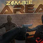 En person med pistol i närstrid med två zombies mot en bakgrund av en tegelvägg och stor text med ordet Zombie Area