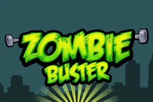 Texten Zombie Buster i ljusgrön med en mörk stadssilhuett i bakgrunden och två knappar på sidorna