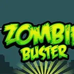 Texten Zombie Buster i ljusgrön med en mörk stadssilhuett i bakgrunden och två knappar på sidorna