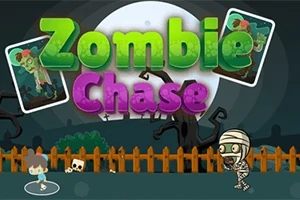 Tecknad bild med texten Zombie Chase, två spelkort av zombies, en pojke och en mumie som jagar varandra framför ett staket med en fullmåne i bakgrunden