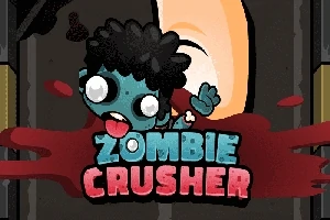 Tecknad zombiekaraktär med svart hår, blå hud och röd mun mot en mörk bakgrund med texten Zombie Crusher i blå och röd stil