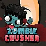 Tecknad zombiekaraktär med svart hår, blå hud och röd mun mot en mörk bakgrund med texten Zombie Crusher i blå och röd stil