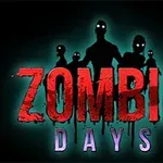 Texten Zombie Days i rött och lila med silhuetter av zombies med lysande ögon i bakgrunden