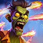 En tecknad, grön zombiefigur med lysande gula ögon och öppen mun omgiven av brinnande meteorer mot en blå bakgrund