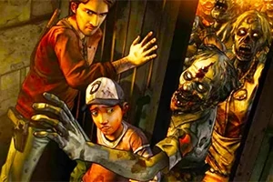 Zombie Hunter En man och ett barn försöker stÀnga en dörr för att hÄlla tillbaka flera zombier