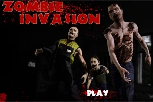 Tre zombier i mörk omgivning med texten Zombie Invasion och Play i rött och vitt