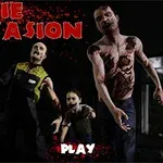 Tre zombier i mörk omgivning med texten Zombie Invasion och Play i rött och vitt