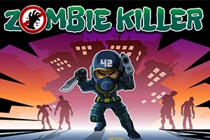 En tecknad soldat med vapen och hjälm står i förgrunden framför en stadssilhuett, med zombies i bakgrunden