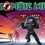 En tecknad soldat med vapen och hjälm står i förgrunden framför en stadssilhuett, med zombies i bakgrunden