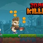 En tecknad scen med en man och en hund som springer på en kyrkogård, jagade av en zombie, med svävande mynt och texten Zombie Killers