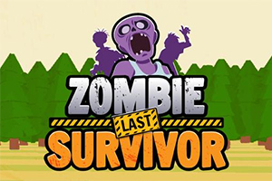 En tecknad bild av en lila zombie med vidöppen mun framför en skogsbakgrund och texten Zombie Last Survivor