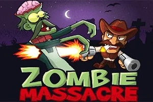 En cowboy skjuter en zombie i en tecknad nattlig scen med gravstenar i bakgrunden