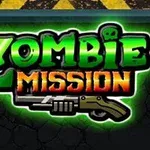 Texten Zombie Mission i gröna och orange bokstäver med ett gevär under