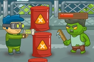 En tecknad scen med en figur i skyddsglasögon som skjuter en spruta mot en grön zombie med ett trävapen bakom röda tunnor