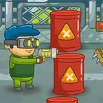 En tecknad scen med en figur i skyddsglasögon som skjuter en spruta mot en grön zombie med ett trävapen bakom röda tunnor