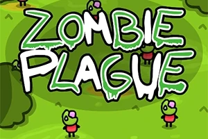 Tecknad illustration av små gröna zombies med rosa blommor i håret och texten Zombie Plague på en grön bakgrund