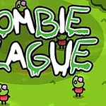 Tecknad illustration av små gröna zombies med rosa blommor i håret och texten Zombie Plague på en grön bakgrund