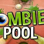 Texten Zombie Pool med ett öga som ersätter bokstaven O på en bakgrund av gröna färgstänk