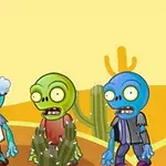 Tre tecknade zombies står bland kaktusar i ett ökenlandskap