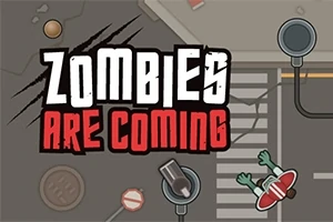 Texten Zombies Are Coming i stort typsnitt över en bakgrund med trottoarer, övergångsställe, och en zombie med utsträckta armar