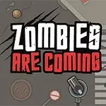 Texten Zombies Are Coming i stort typsnitt över en bakgrund med trottoarer, övergångsställe, och en zombie med utsträckta armar