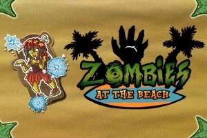 Tecknad zombiefigur vid stranden med palmer och texten Zombies at the Beach mot en brun bakgrund