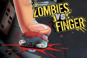 Ett stort finger krossar ett tecknat zombiehuvud med röd vätska som sprutar ut, mot en urban bakgrund, med texten Zombies Vs Finger ovanpå