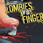 Ett stort finger krossar ett tecknat zombiehuvud med röd vätska som sprutar ut, mot en urban bakgrund, med texten Zombies Vs Finger ovanpå