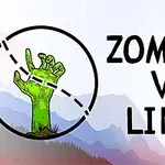 En grön zombiehand sträcker sig upp från marken omgiven av en cirkel till vänster, med texten Zombies vs