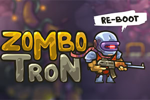 Tecknad karaktär i rustning med skjutvapen bredvid texten Zombotron och en pratbubbla med texten Re-Boot