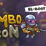 Tecknad karaktär i rustning med skjutvapen bredvid texten Zombotron och en pratbubbla med texten Re-Boot
