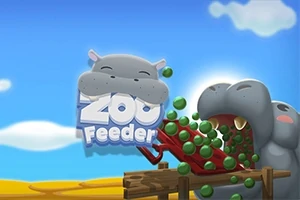 Tecknad bild av en flodhäst som äter gröna bollar med texten Zoo Feeder framför