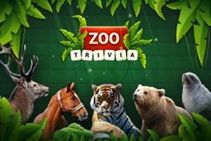 Djur som älg, häst, tiger, björn och säl omgivna av gröna blad med texten Zoo Trivia i mitten