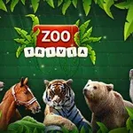 Djur som älg, häst, tiger, björn och säl omgivna av gröna blad med texten Zoo Trivia i mitten