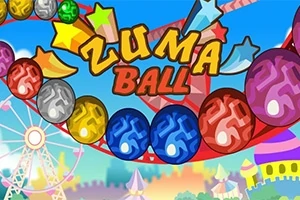 Färgglada sfäriska bollar med texten Zuma Ball mot en bakgrund av en nöjespark med ett pariserhjul