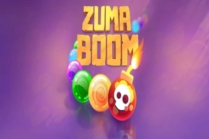 Färggranna klot och en bomb med dödskalle på lila bakgrund med texten Zuma Boom ovanför