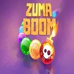 Färggranna klot och en bomb med dödskalle på lila bakgrund med texten Zuma Boom ovanför