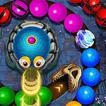 Färgglada bollar arrangerade i en spiral med en blå, ögonformad varelse i mitten